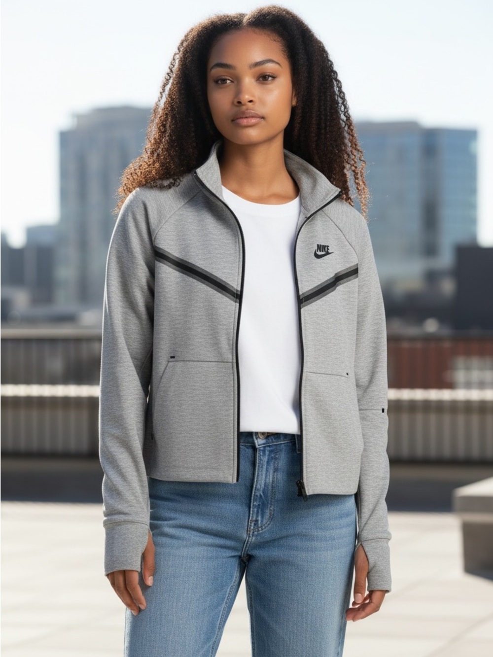 Nike Women's Light Gray Hooded Zip Sweatshirt with Black Accents